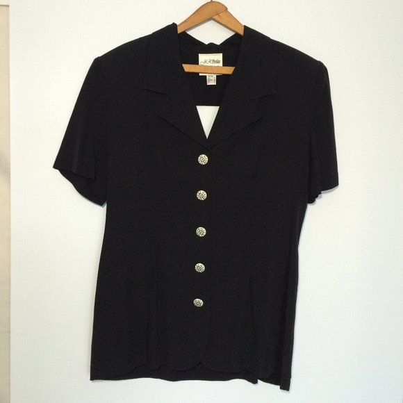 Joseph Ribkoff Petite Short Sleeve Black Jacket Sz 12 Peekaboo Back White Button - Picture 1 of 6